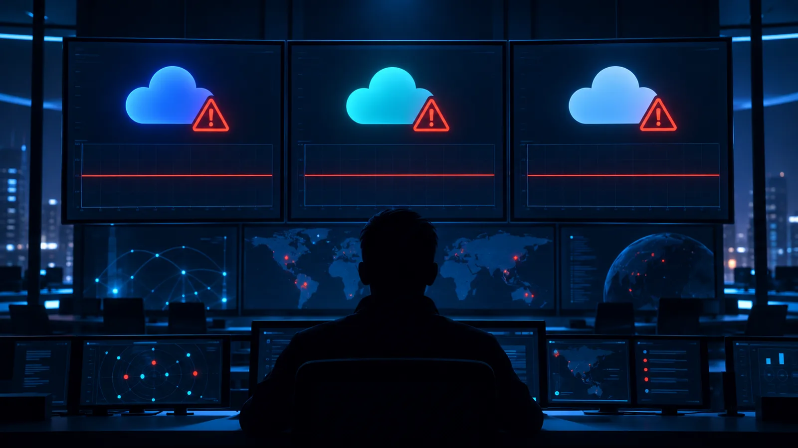 A network operations room with monitors showing red warning icons over three cloud services