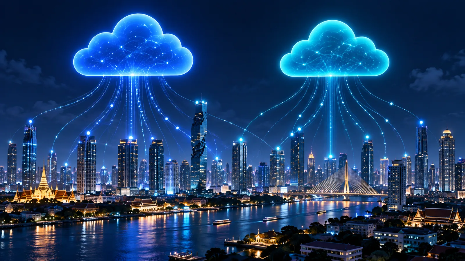 Two glowing cloud symbols streaming data down into the Bangkok skyline at night