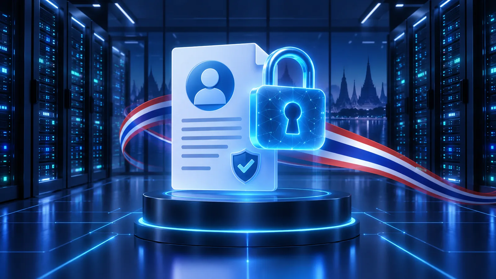 A glowing padlock and personal data document in front of server racks in a data center