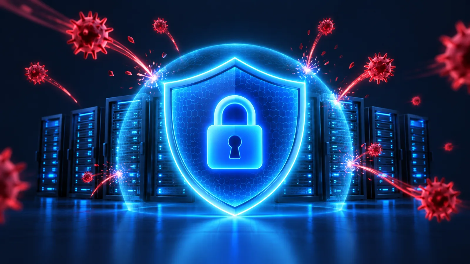 A glowing blue shield with a padlock protecting server racks from red malware particles