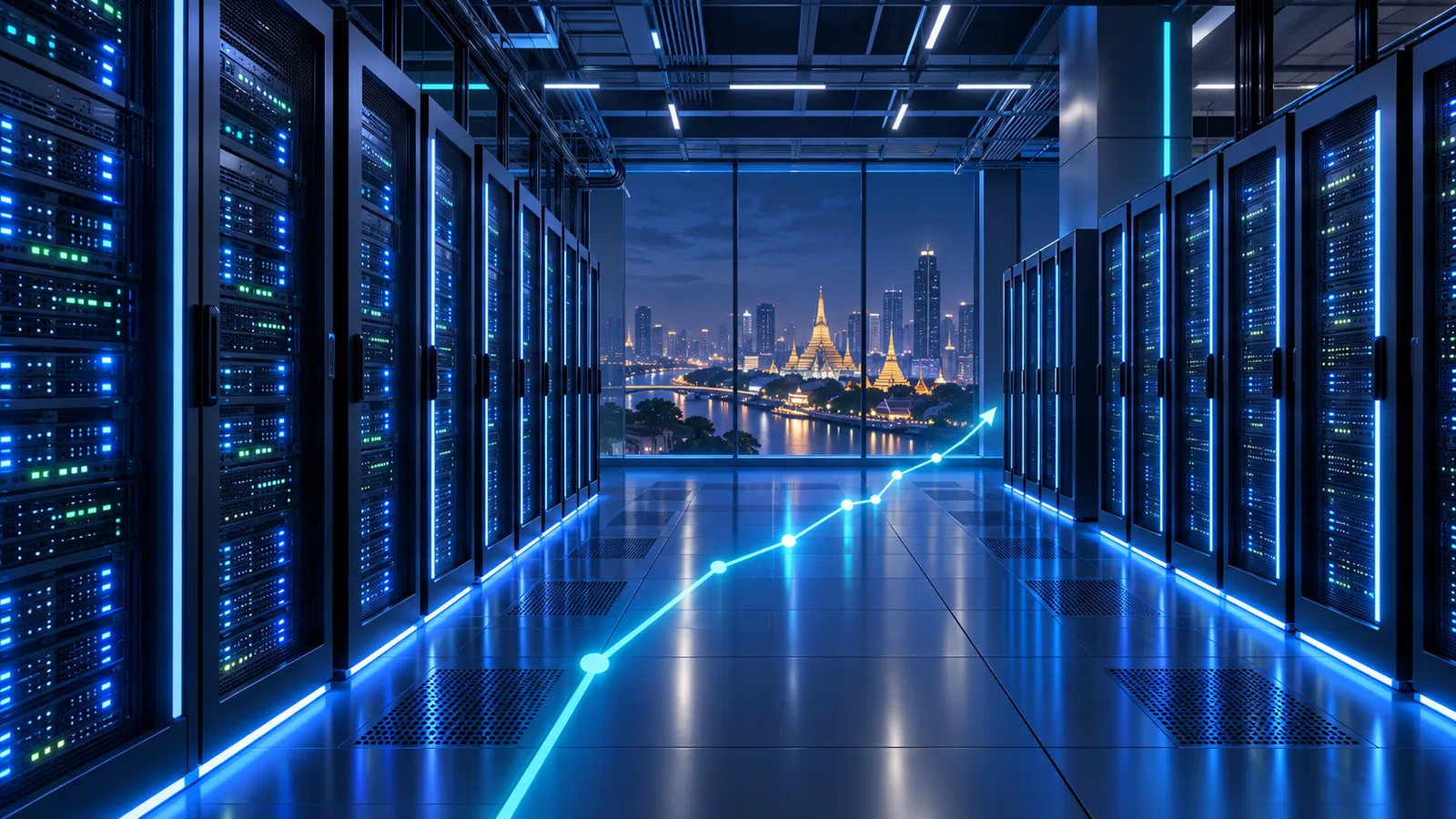ภาพภายใน Data Center ยุคใหม่ในกรุงเทพฯ พร้อมกราฟการลงทุนที่เติบโตและวิวเมืองยามค่ำคืน