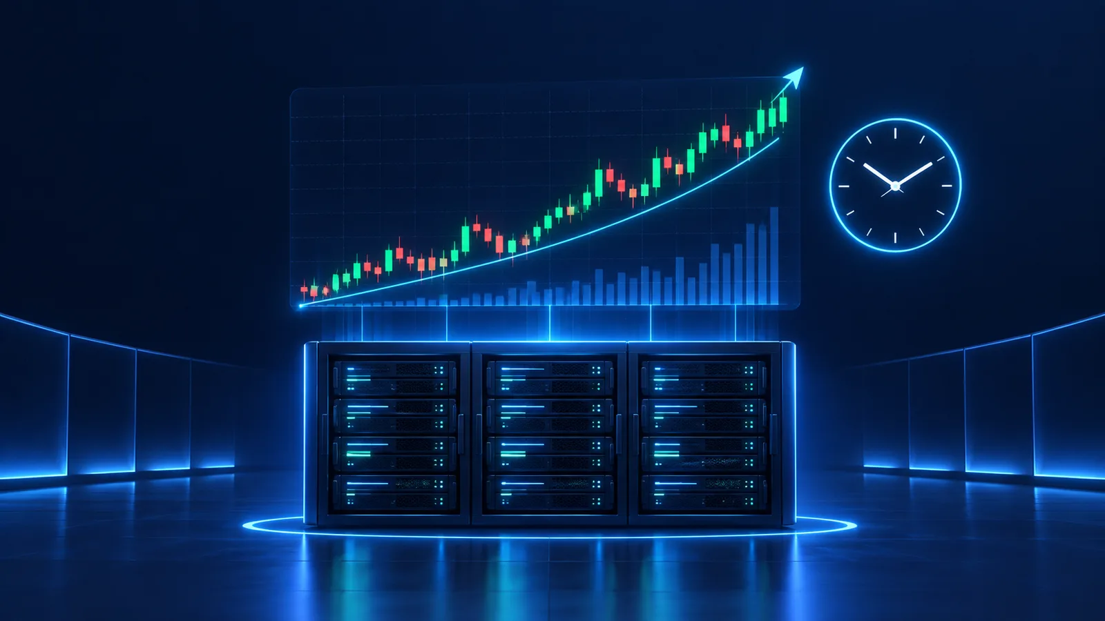 กราฟแท่งเทียน Forex เรืองแสงลอยเหนือตู้เซิร์ฟเวอร์ สื่อถึงการรัน EA บน VPS ตลอด 24 ชั่วโมง